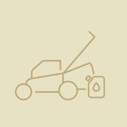 Illustration eines benzinbetriebenen Rasenmähers neben einem Kraftstoffbehälter.